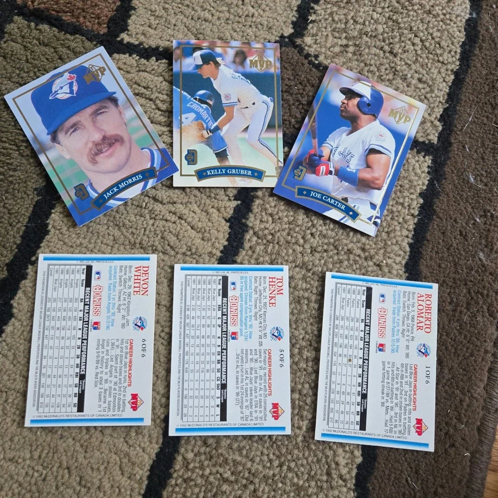 1992 Donruss McDonalds Toronto Blue Jays MVP Set 1-6 Alomar Carter Morris Henke